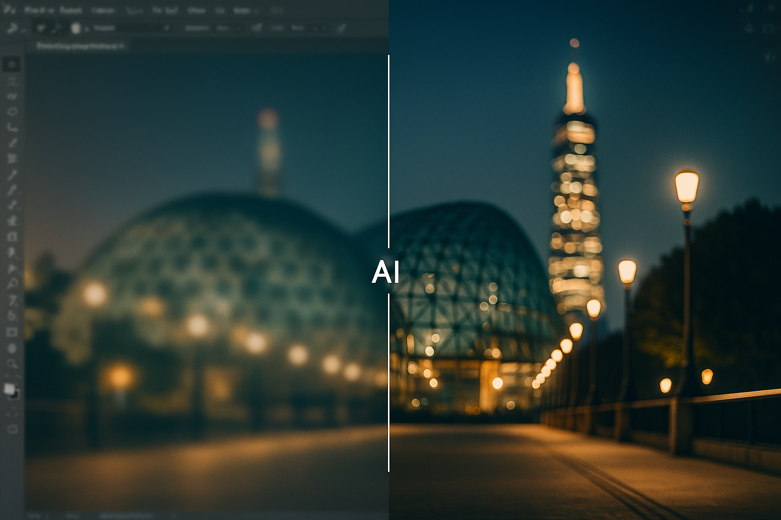 AI sharpen image vs Photoshop comparison showing blurred and sharp cityscape