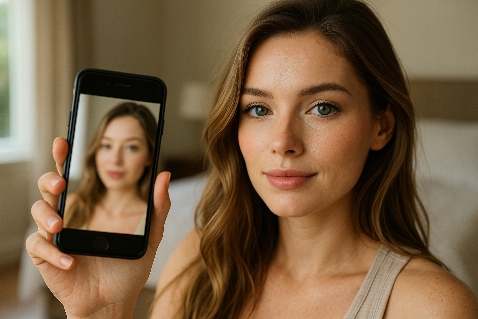 Woman holding up an iPhone selfie while showing a soft glam makeup look