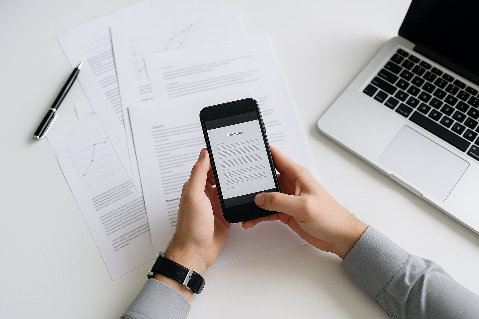Person scanning a contract with a phone over a desk of paperwork